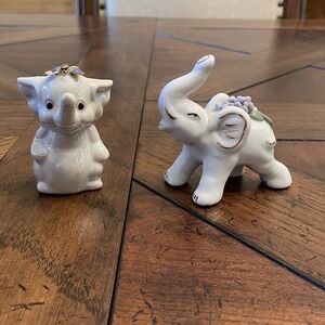 Pair of Elephant Figurines White Porcelain Gold Trim Butterfly and Floral Accent